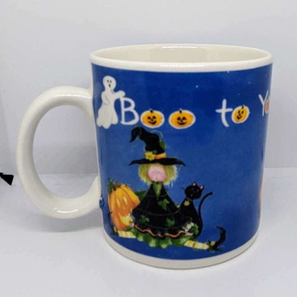 Vtg Halloween Party Mug Stoneware By Sakura "Boo To You" Witch Pumpkin & Ghost D